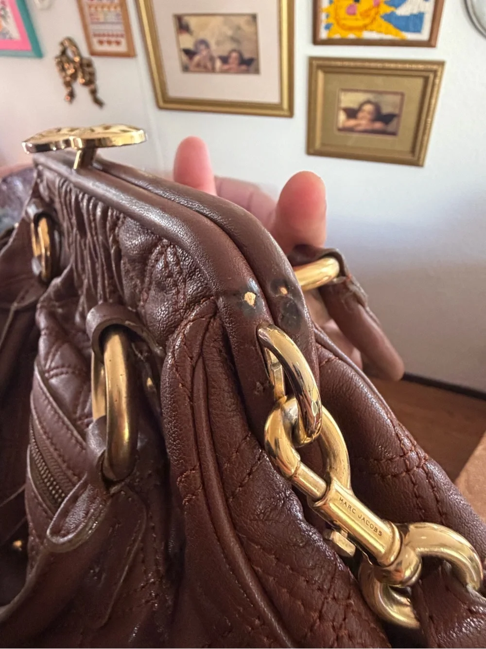 Marc Jacobs Stam Purse Satchel Frame Handbag Brown Quilted Leather Chain Strap